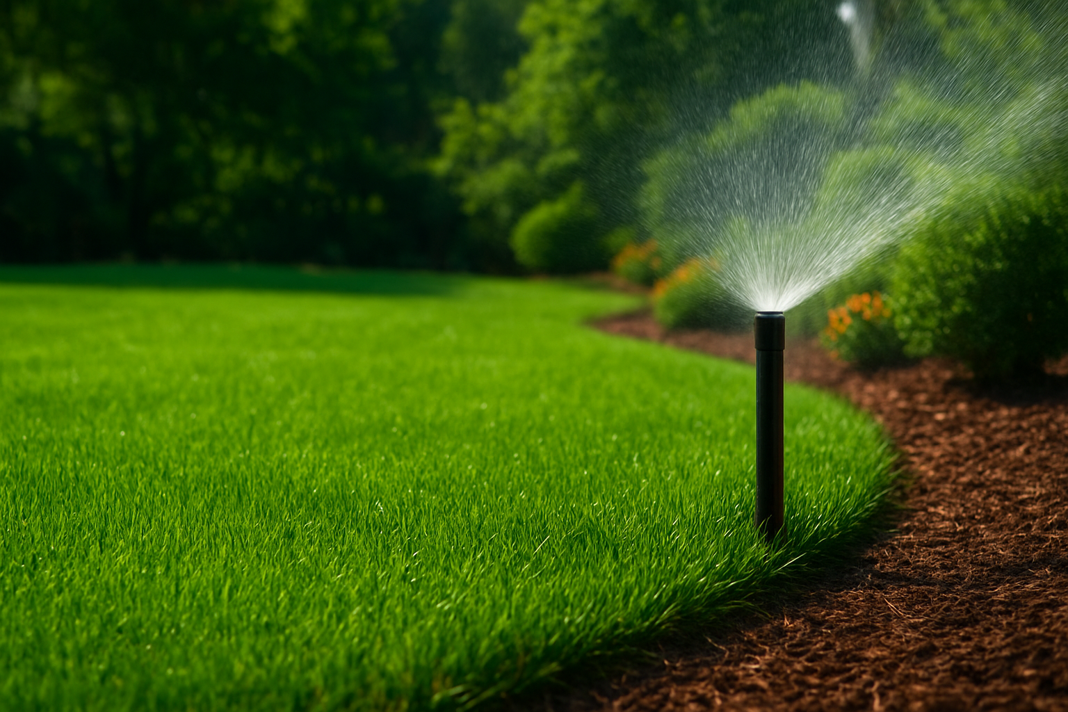 Smart irrigation sprinkler system on lush green lawn